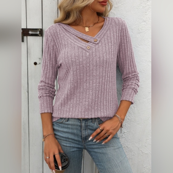 Mandy Ribbed V-Neck Long Sleeve Moonlit Mauve T-Shirt - Picture 1 of 6